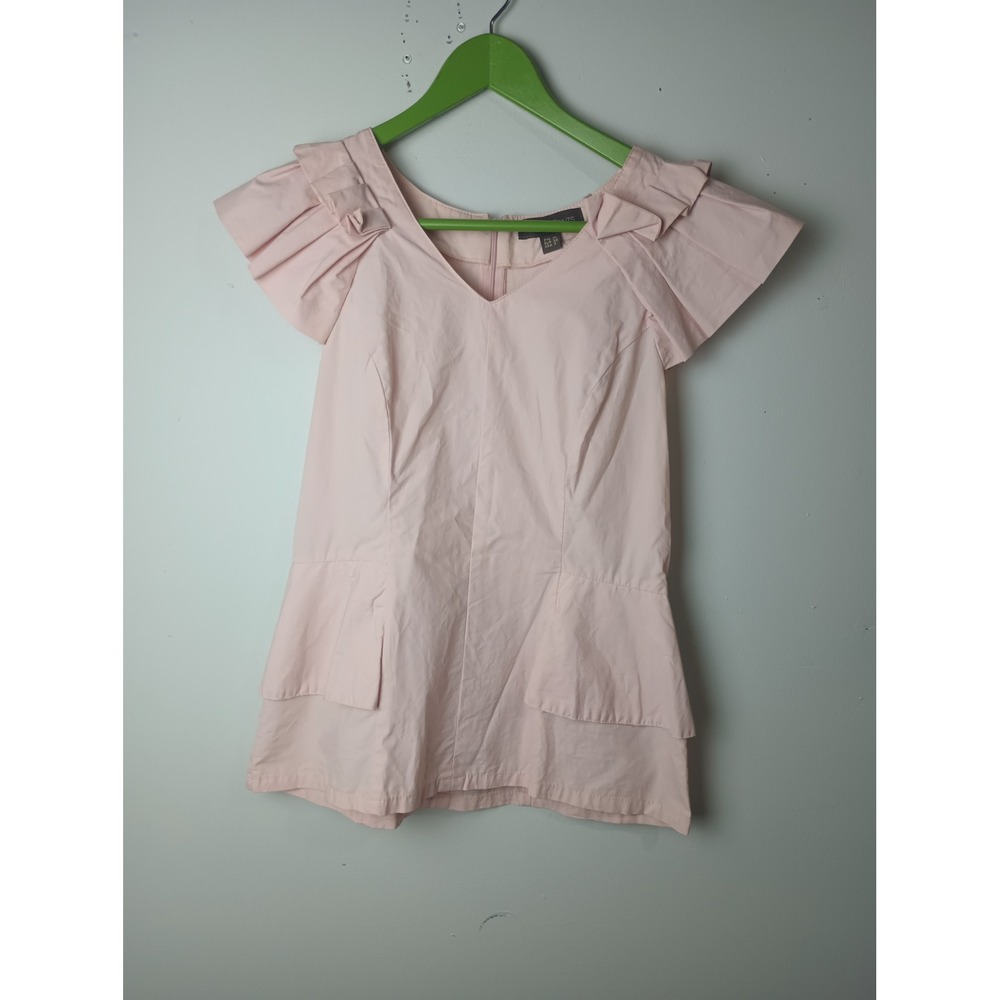 Plains & Prints Pink Ruffle Peplum Blouse V-Neck Cotton Cap Sleeve Top Size 4